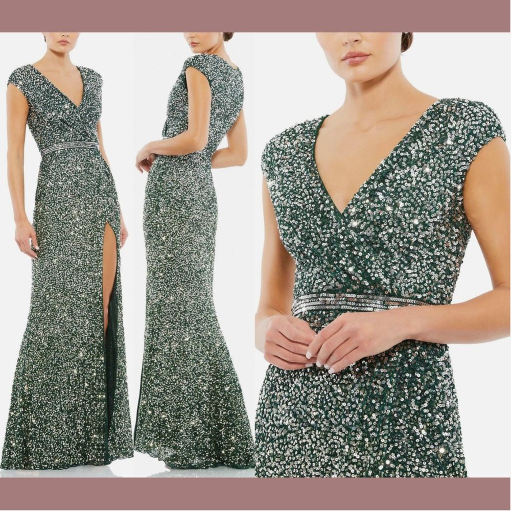 NWT $398 Mac Duggal [ 12 ] Cap Sleeve Sequined High Slit Gown Forest‎ Green
